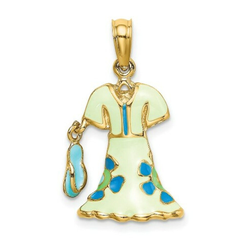 14K Yellow Gold 3-D Moveable Enamel Mint Floral Dress With Flip-Flop Charm Pendant