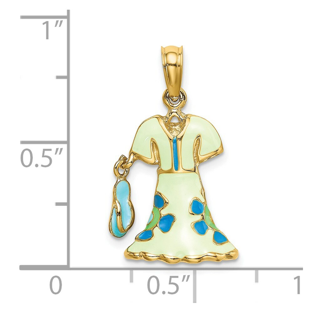 14K Yellow Gold 3-D Moveable Enamel Mint Floral Dress With Flip-Flop Charm Pendant