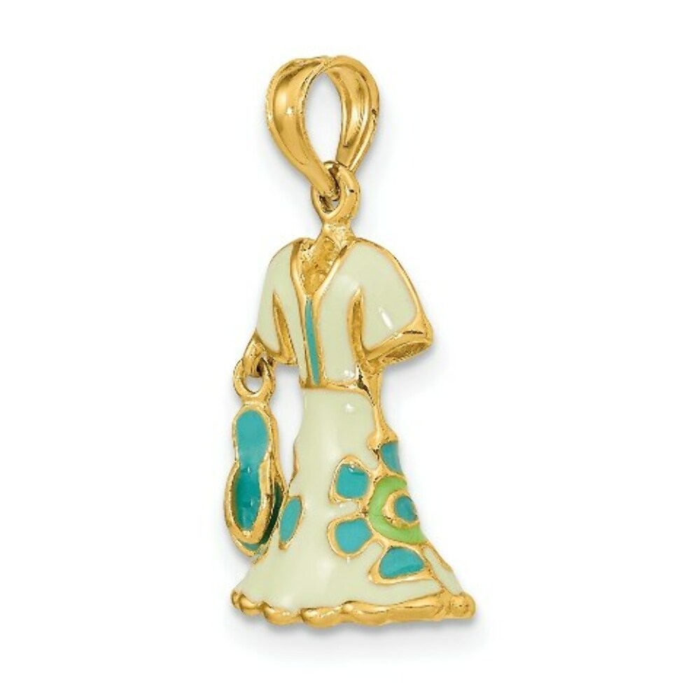 14K Yellow Gold 3-D Moveable Enamel Mint Floral Dress With Flip-Flop Charm Pendant