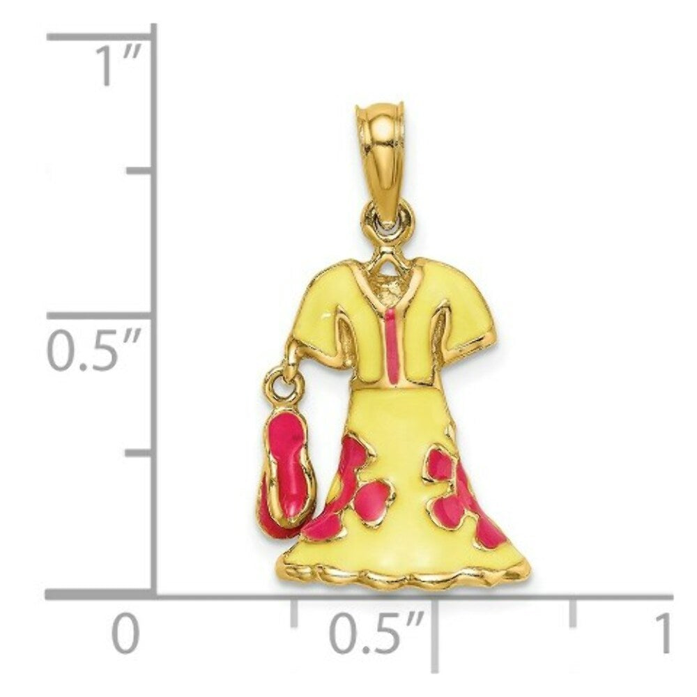 14K Yellow Gold 3-D Moveable Enamel Yellow & Fuschia Dress With Flip-Flop Charm Pendant
