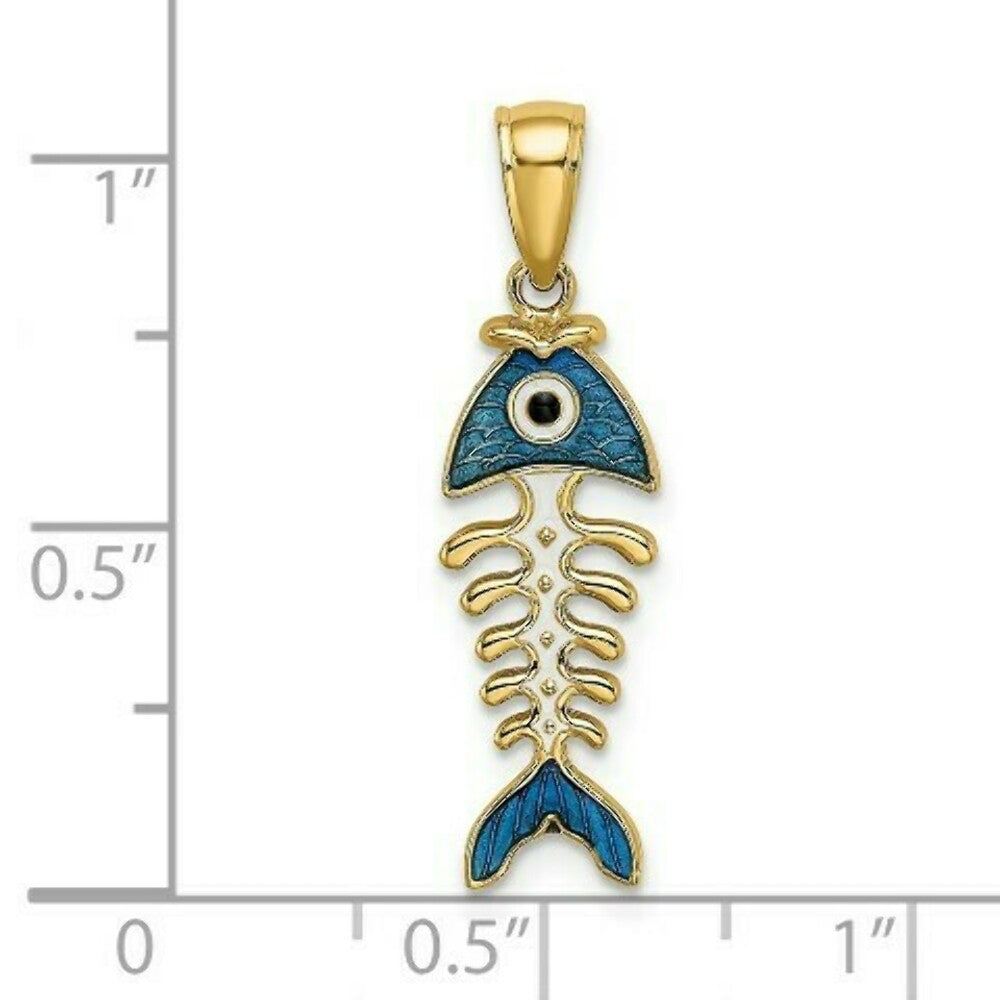 14K Yellow Gold Blue Enamel Fish Bone Charm Pendant