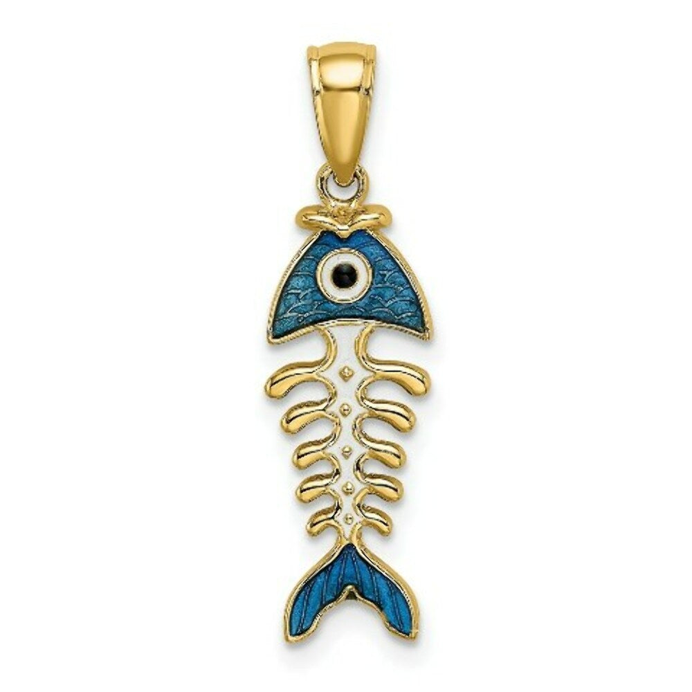14K Yellow Gold Blue Enamel Fish Bone Charm Pendant