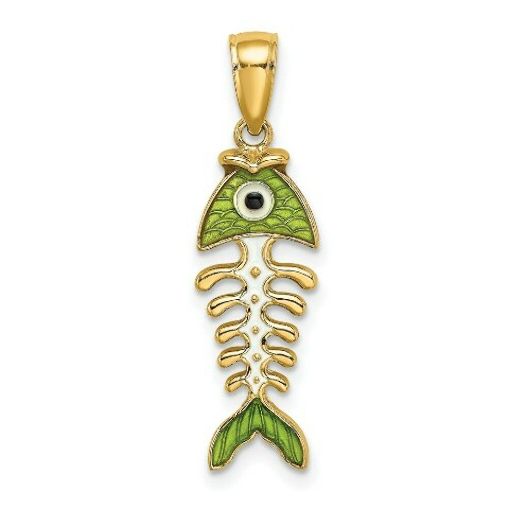14K Yellow Gold Green Enamel Fish Bone Charm Pendant