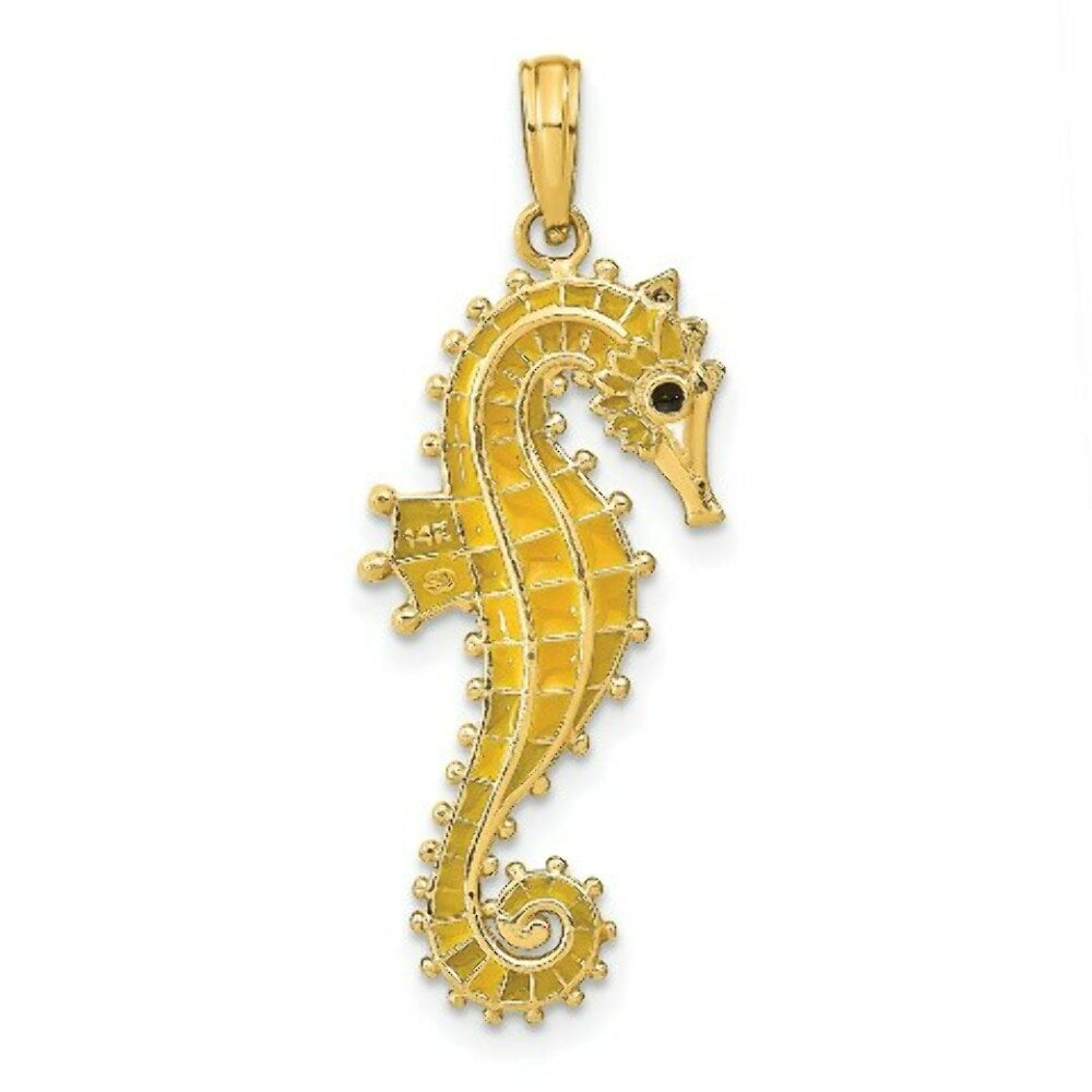 14K Yellow Gold 3-D With Yellow Enamel SeaHorse Charm Pendant