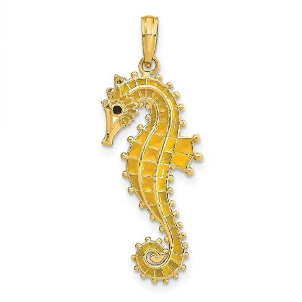 14K Yellow Gold 3-D With Yellow Enamel SeaHorse Charm Pendant