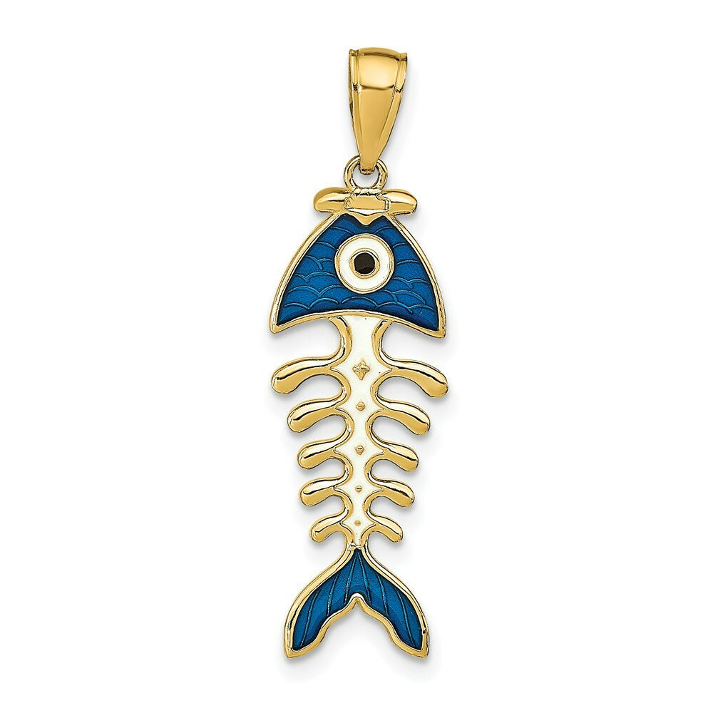 14K Yellow Gold Blue Enamel Fish Bone Pendant