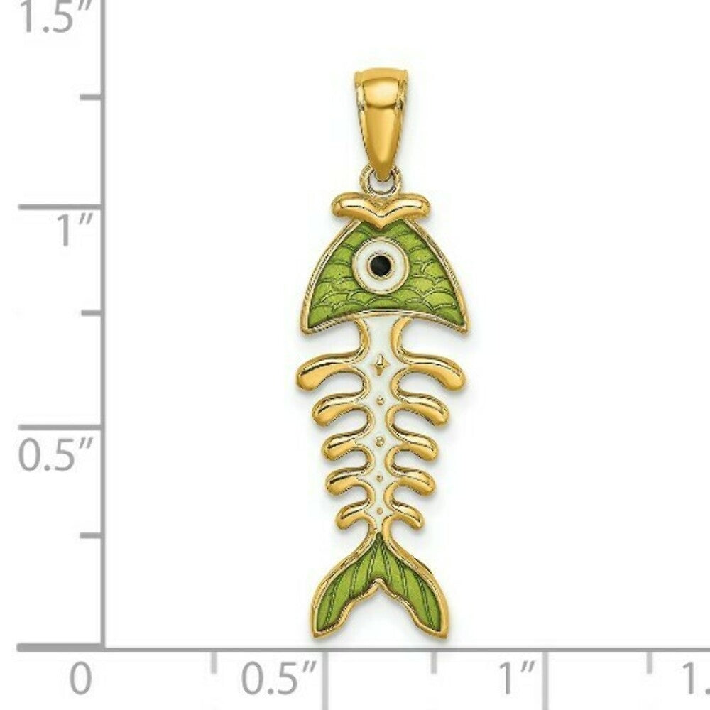 14K Yellow Gold Green Enamel Fish Bone Charm Pendant