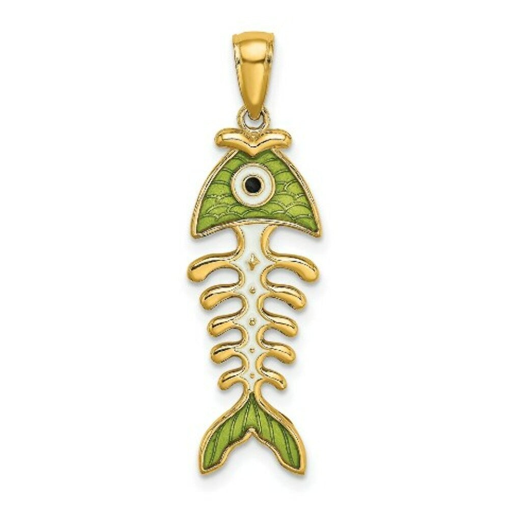 14K Yellow Gold Green Enamel Fish Bone Charm Pendant