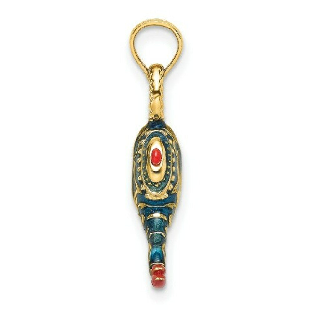 14K Yellow Gold With Enamel 3-D Textured Blue Genie Lamp Charm Pendant