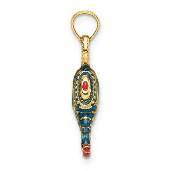 14K Yellow Gold With Enamel 3-D Textured Blue Genie Lamp Charm Pendant