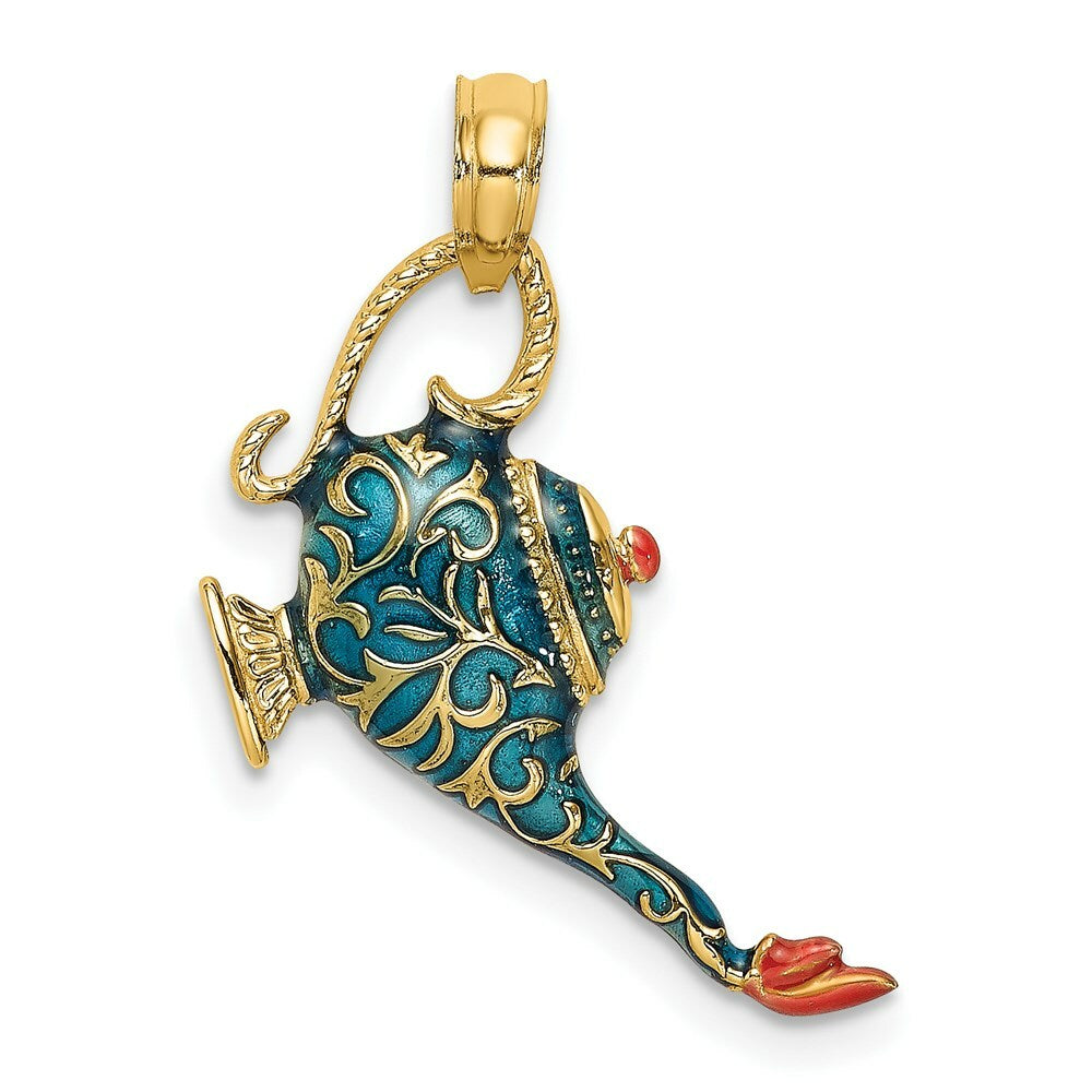 14K Yellow Gold With Enamel 3-D Textured Blue Genie Lamp Charm Pendant