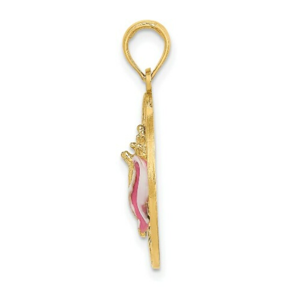 14K Yellow Gold Enamel Conch Shell With Key West Round Frame Charm Pendant