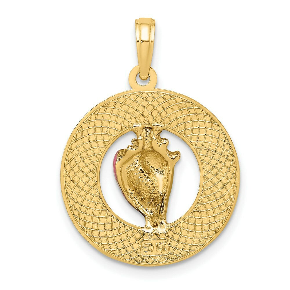 14K Yellow Gold Enamel Conch Shell With Key West Round Frame Charm Pendant
