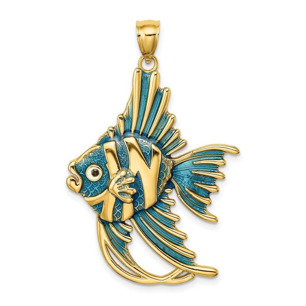 14K Yellow Gold With Blue Enamel AngelFISH Charm Pendant