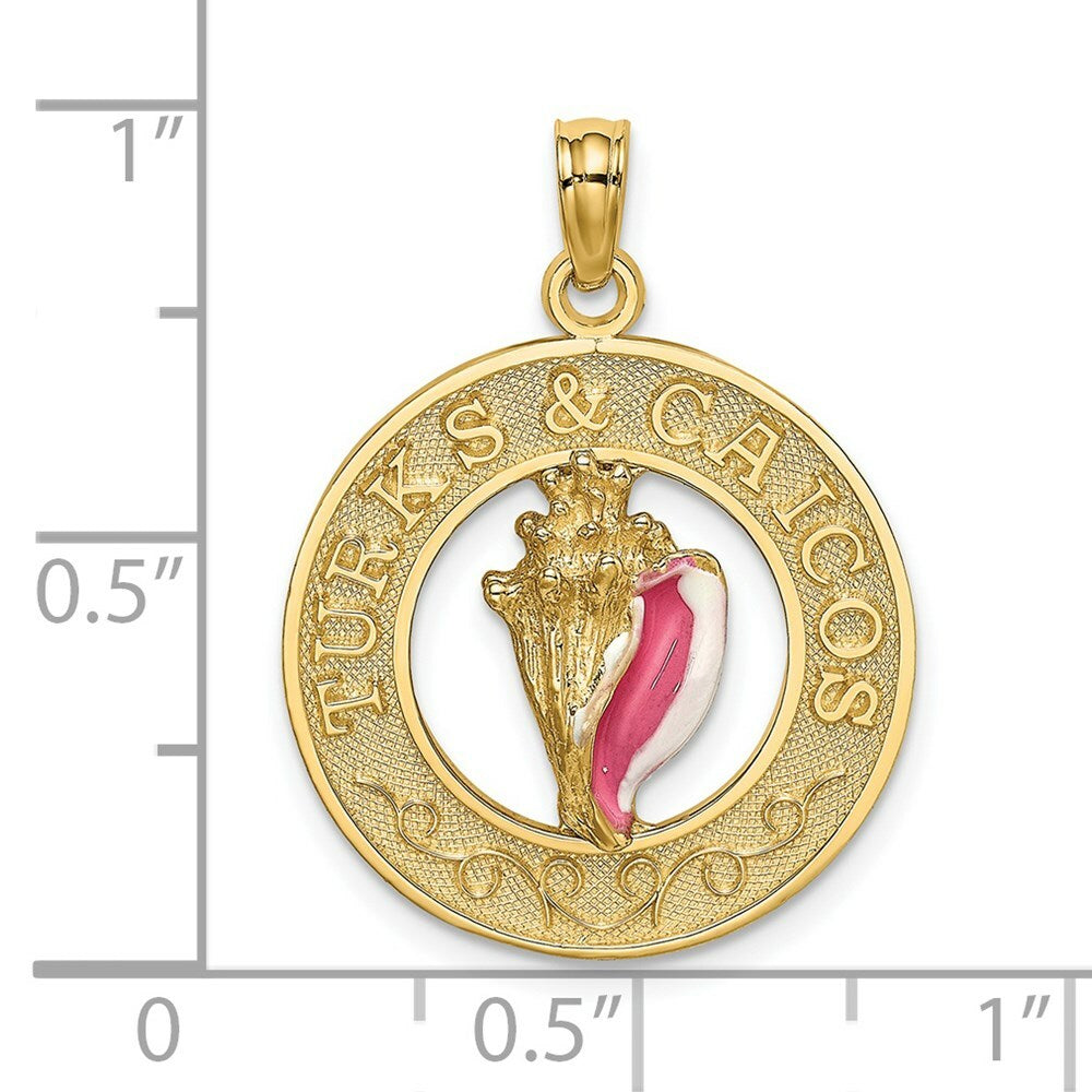 14K Yellow Gold TURKS & CAICOS Round Frame With Enamel Conch Shell Charm Pendant