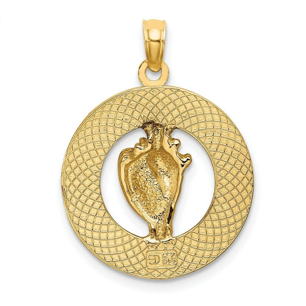 14K Yellow Gold TURKS & CAICOS Round Frame With Enamel Conch Shell Charm Pendant