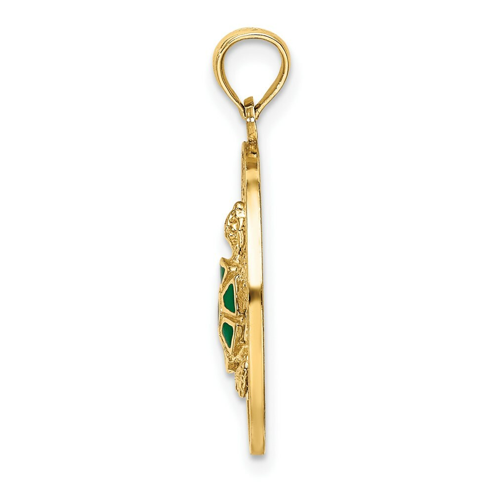 14K Yellow Gold TURKS & CAICOS On Round Frame With Enamel Turtle Charm Pendant