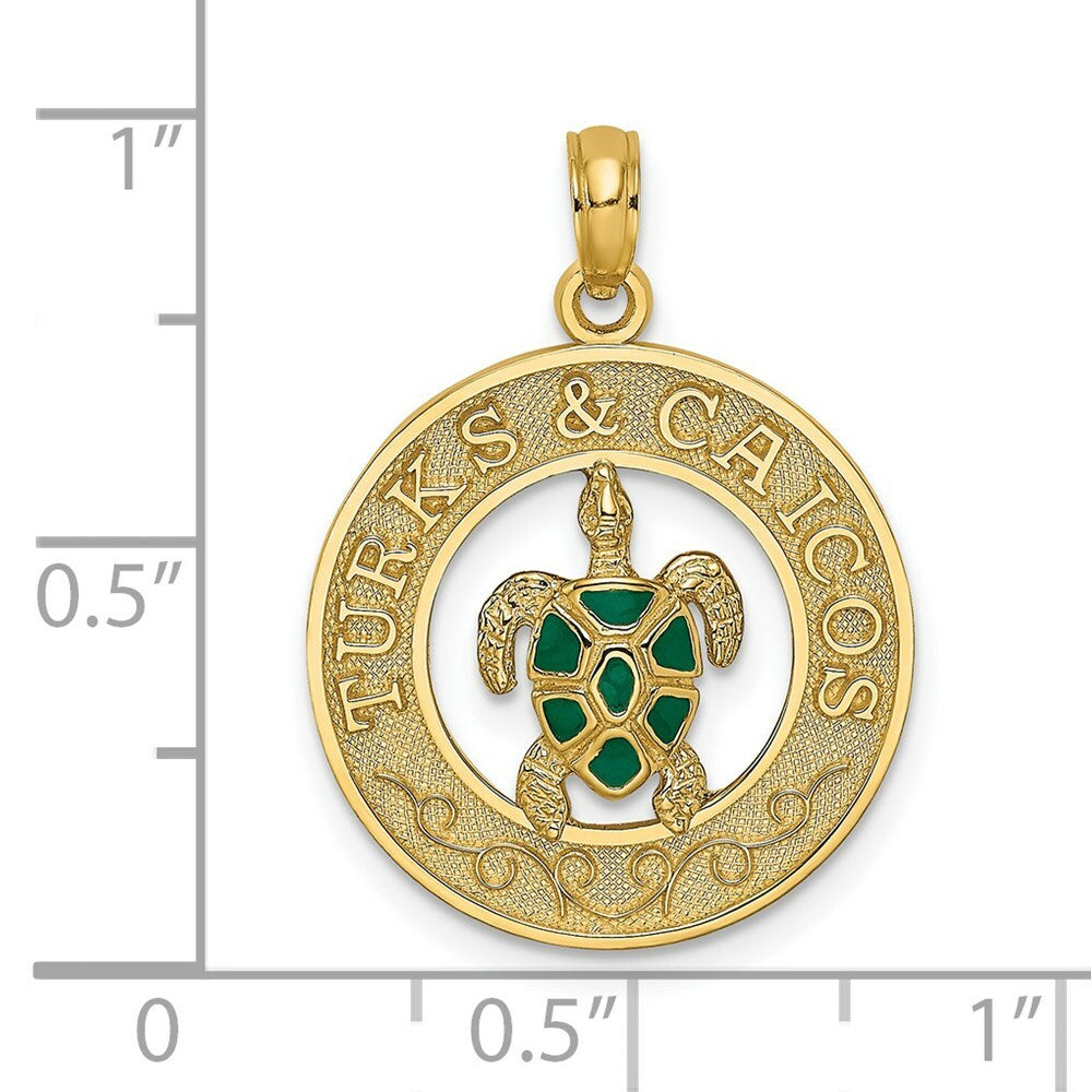 14K Yellow Gold TURKS & CAICOS On Round Frame With Enamel Turtle Charm Pendant