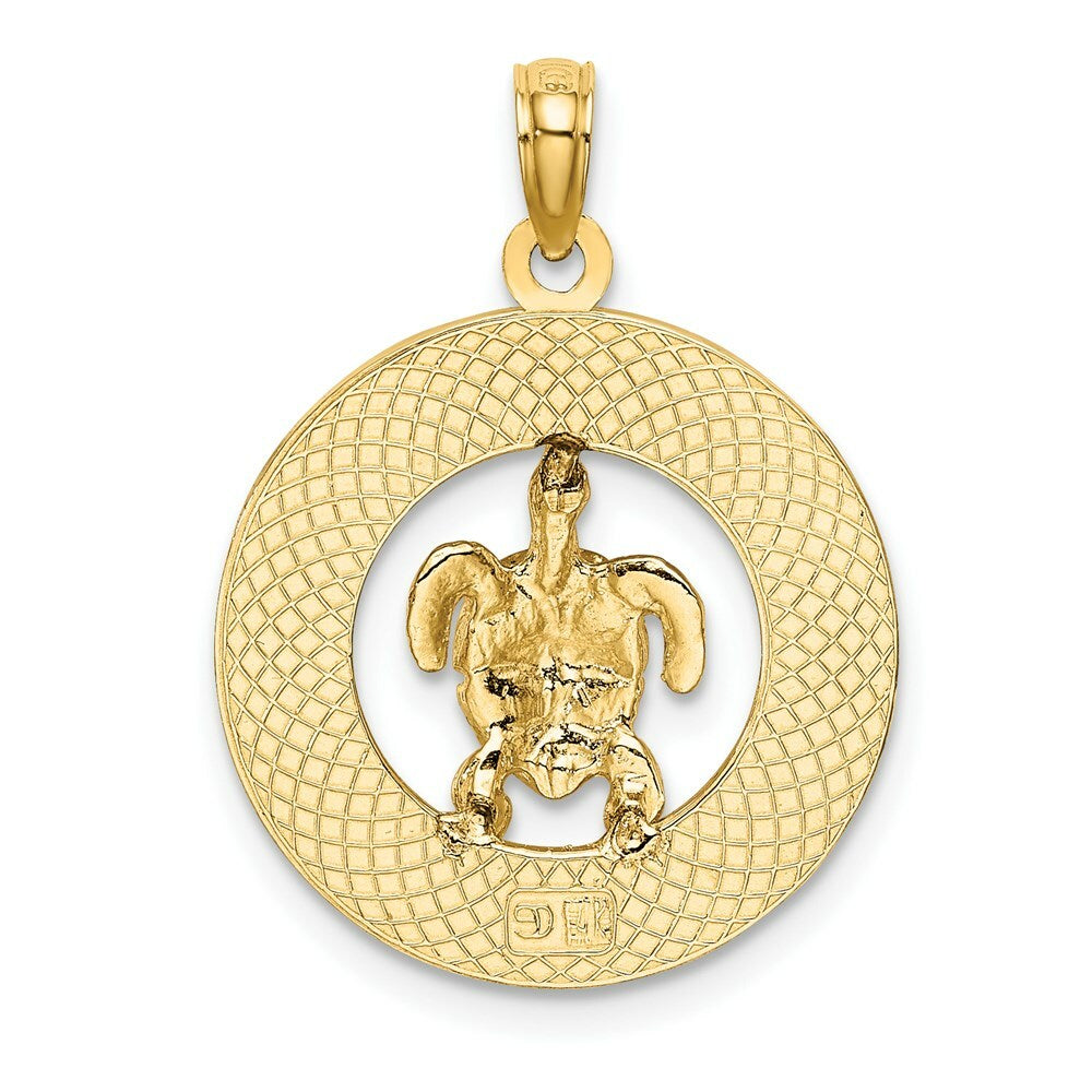 14K Yellow Gold TURKS & CAICOS On Round Frame With Enamel Turtle Charm Pendant