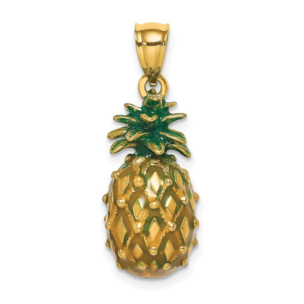 14K Yellow Gold Enamel & Polished 3-D Pineapple Charm Pendant