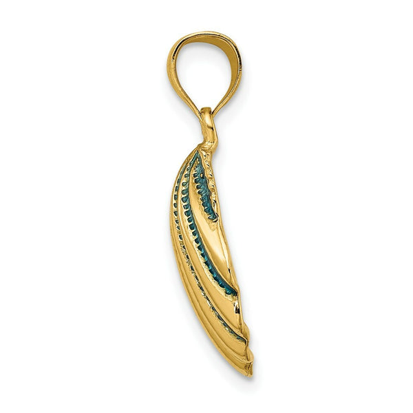 14K Yellow Gold 2-D Blue Enamel Scallop Shell Charm Pendant