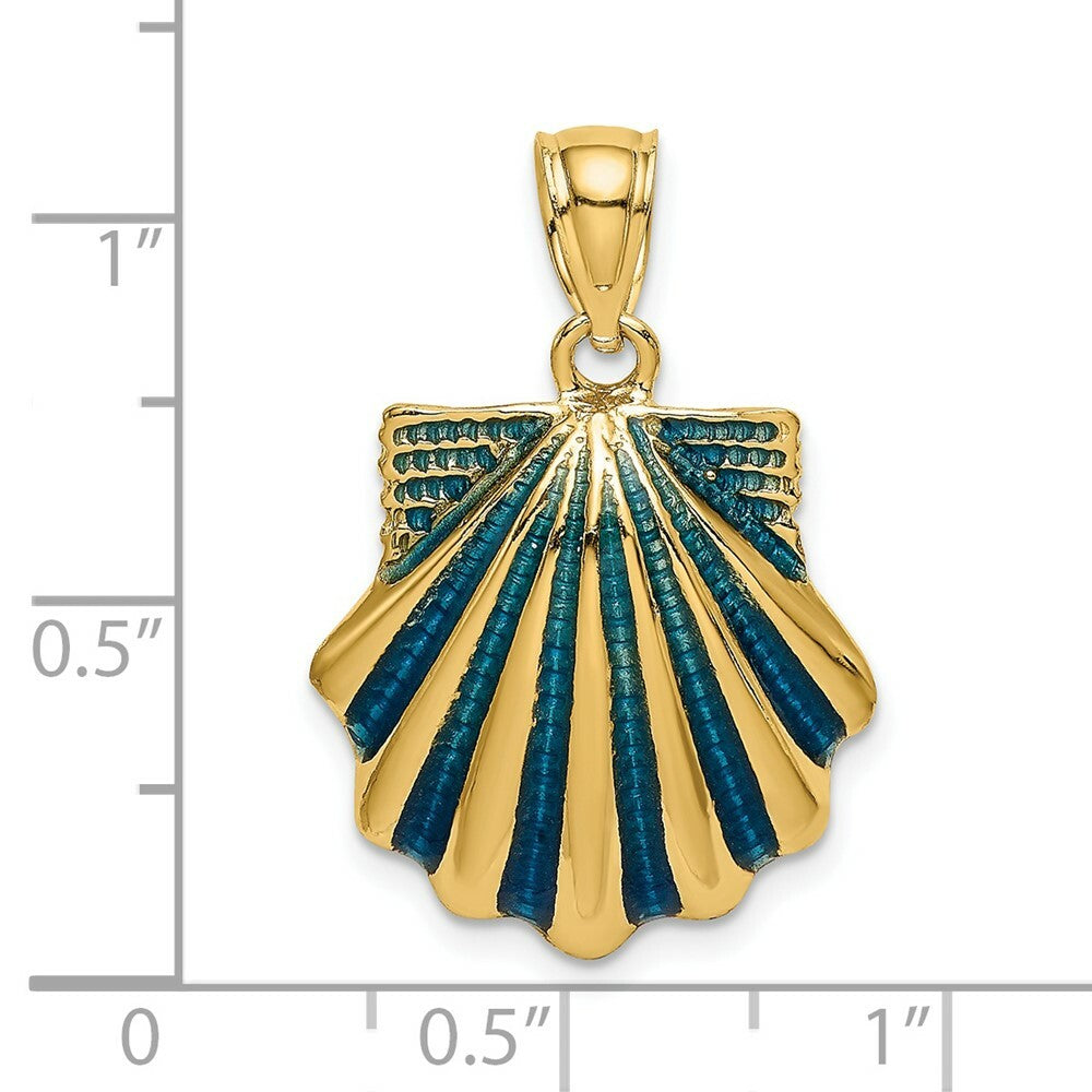 14K Yellow Gold 2-D Blue Enamel Scallop Shell Charm Pendant