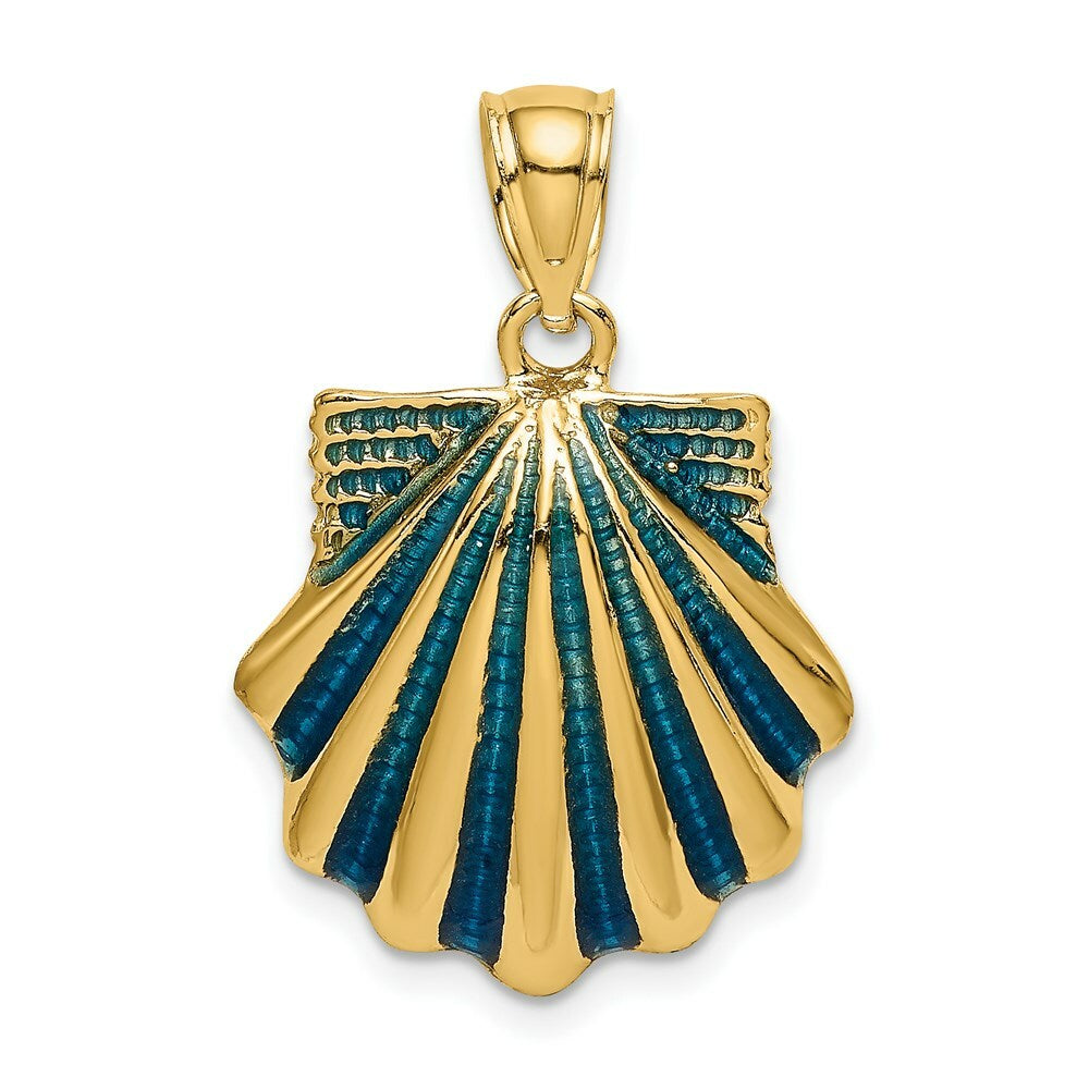 14K Yellow Gold 2-D Blue Enamel Scallop Shell Charm Pendant