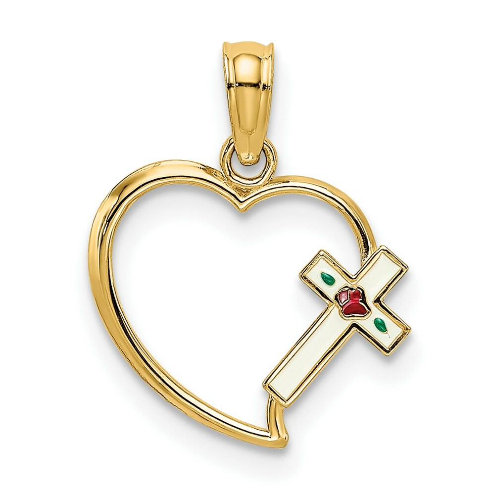 14K Yellow Gold Enamel Cross & Heart Charm Pendant
