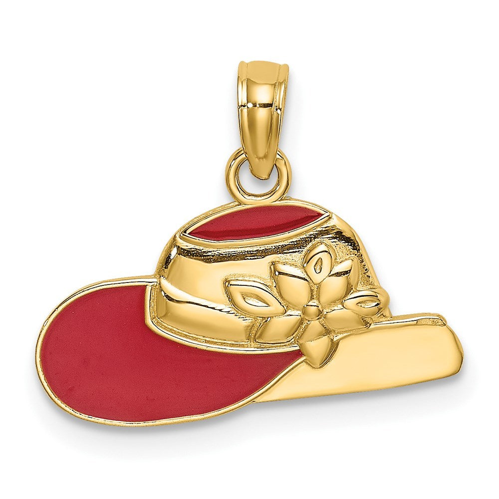 14K Yellow Gold Polished 2-D RED Enamel Hat Charm Pendant