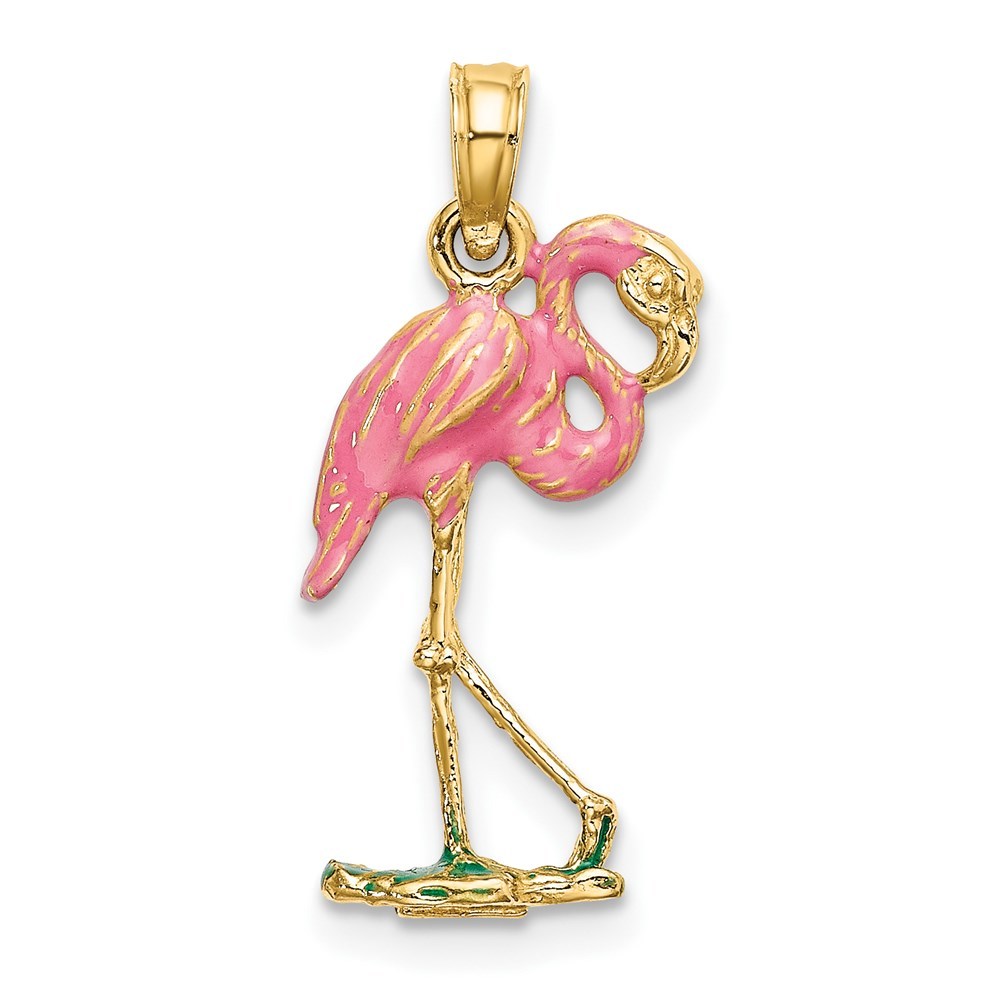 14K Yellow Gold 3-D Pink Enamel Flamingo Charm Pendant