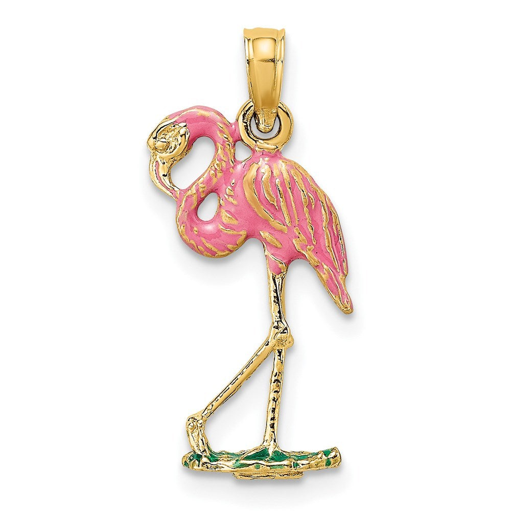 14K Yellow Gold 3-D Pink Enamel Flamingo Charm Pendant