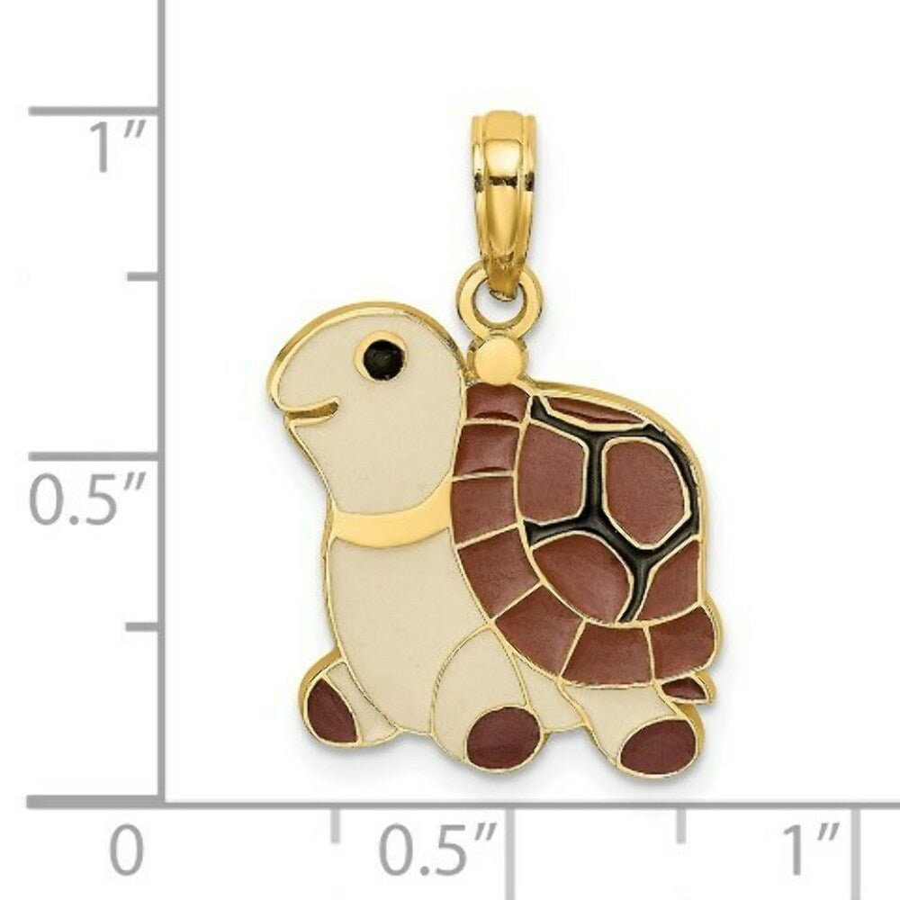 14K Yellow Gold With Brown Enamel Turtle Charm Pendant