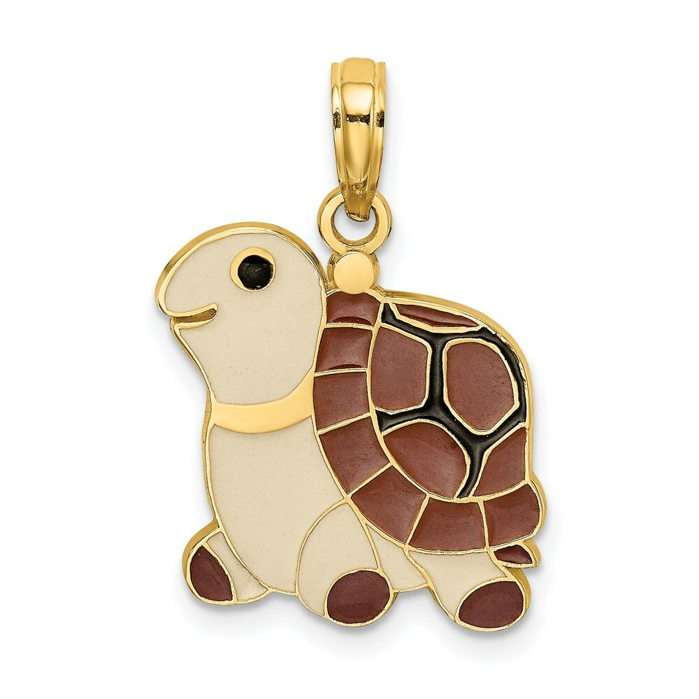 14K Yellow Gold With Brown Enamel Turtle Charm Pendant