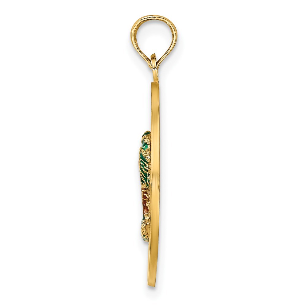 14K Yellow Gold SARASOTA ROUND FRAME With GREEN DOUBLE PALM TREE Charm Pendant