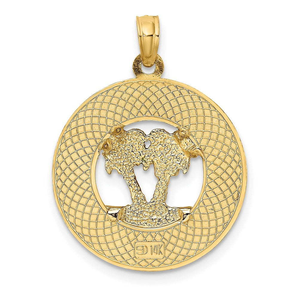 14K Yellow Gold SARASOTA ROUND FRAME With GREEN DOUBLE PALM TREE Charm Pendant