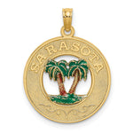 Load image into Gallery viewer, 14K Yellow Gold SARASOTA ROUND FRAME With GREEN DOUBLE PALM TREE Charm Pendant
