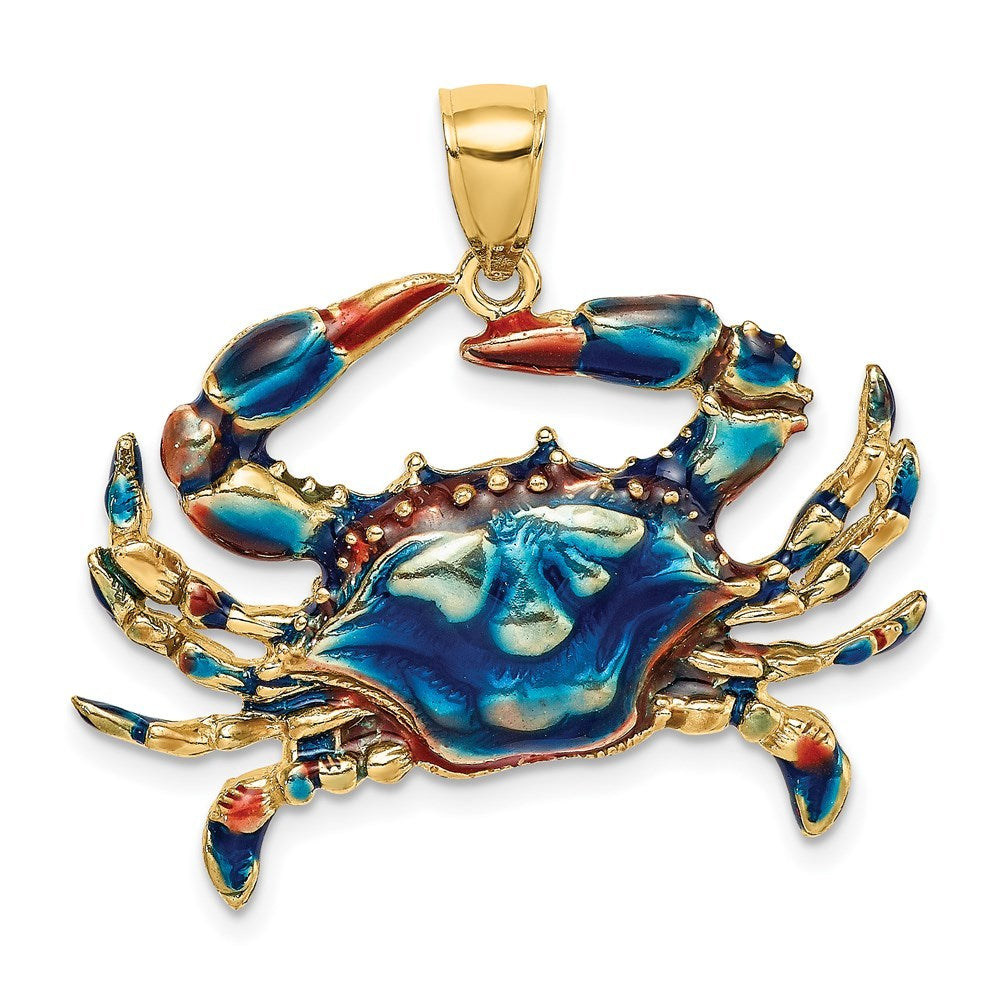 14K Yellow Gold 2-D Blue Enamel Crab Charm Pendant