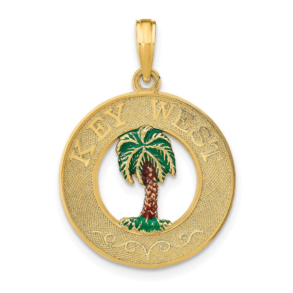14K Yellow Gold KEY WEST On Round Frame With Enamel Palm Tree Charm Pendant