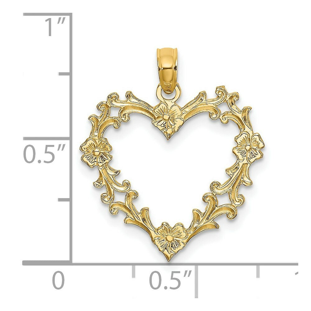14K Yellow Gold Cut-Out Floral Heart Charm Pendant