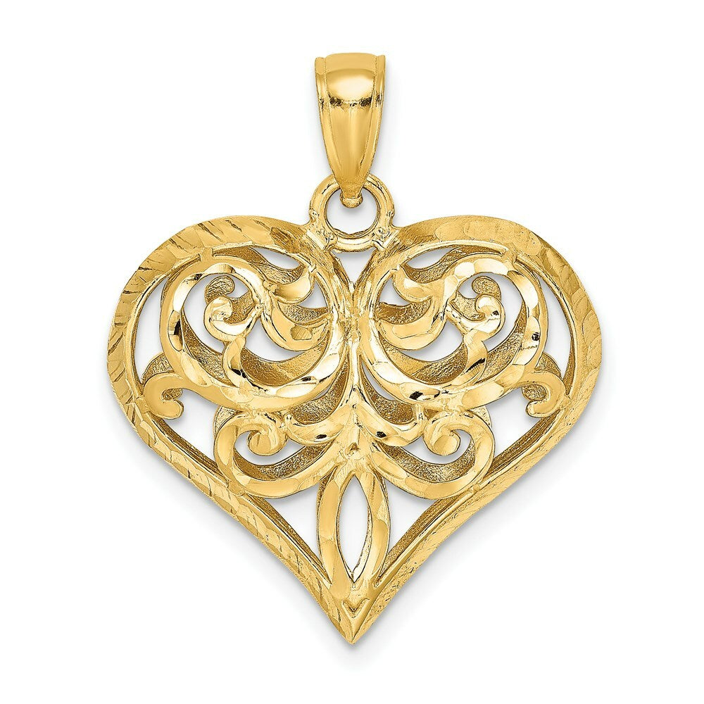 14K Yellow Gold 3-D & Diamond-cut Heart Charm Pendant