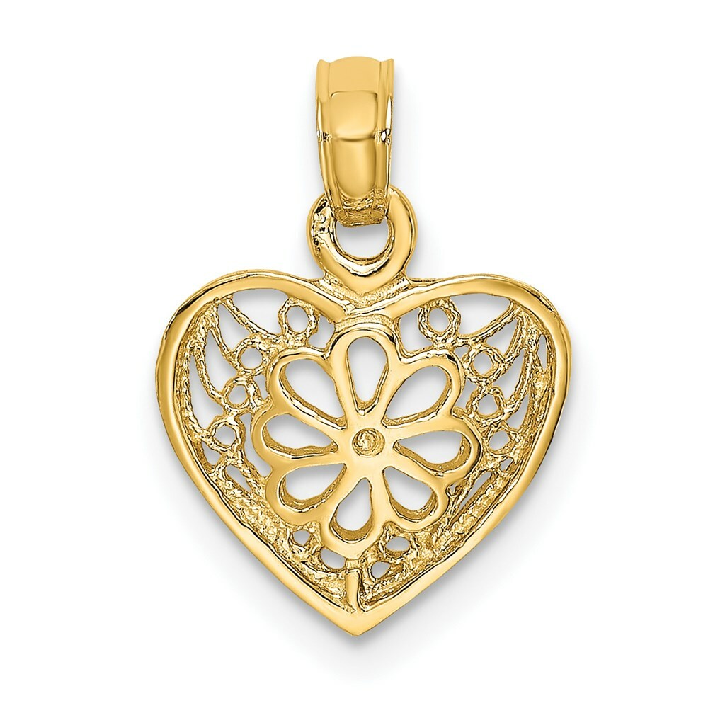 14K Yellow Gold 2-D Filigree Heart With Flower Design Charm Pendant