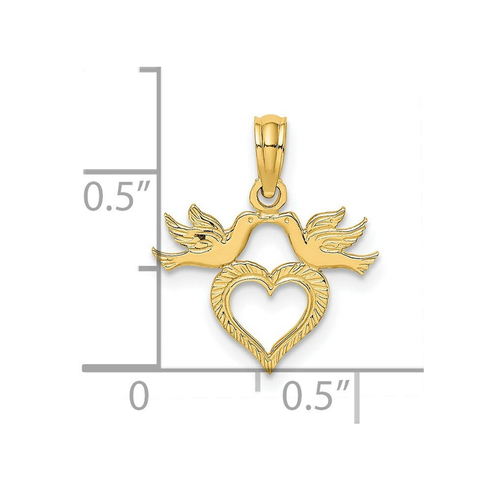 14K Yellow Gold Heart With Love Birds Charm Pendant