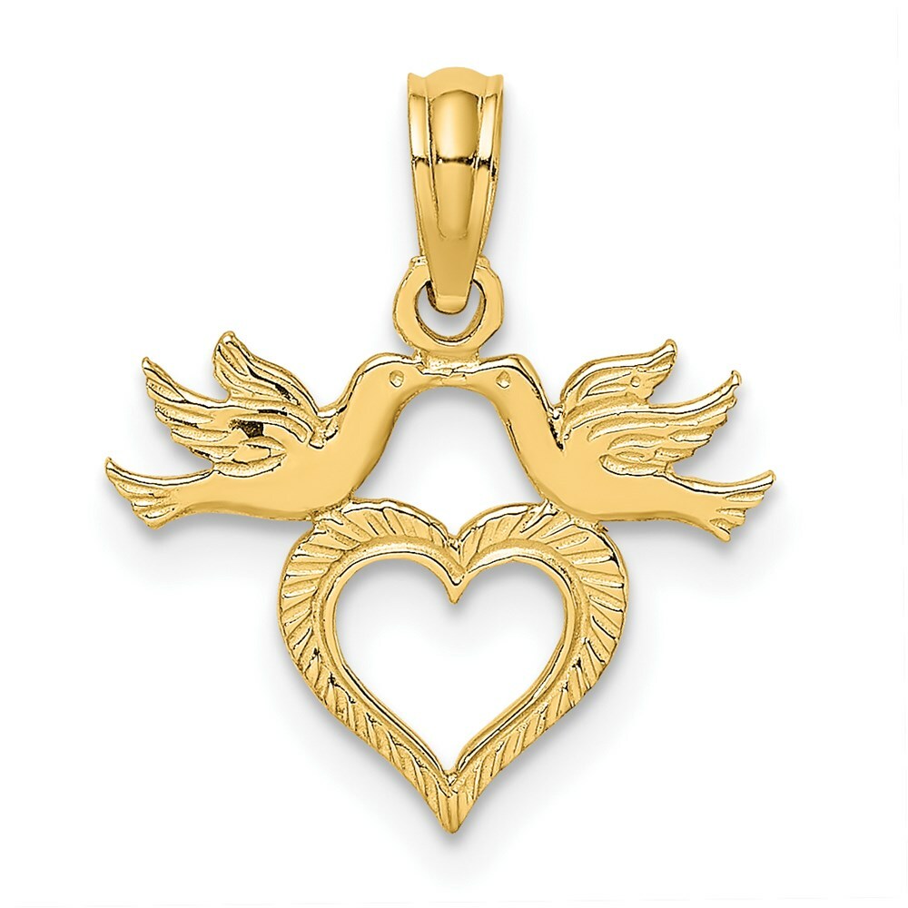 14K Yellow Gold Heart With Love Birds Charm Pendant
