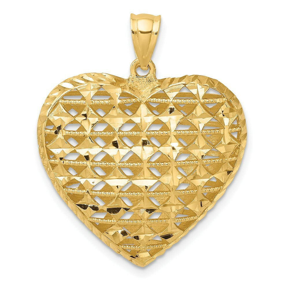 14K Yellow Gold Diamond-cut 3-D Puffed Heart With Marquise Pattern Charm Pendant