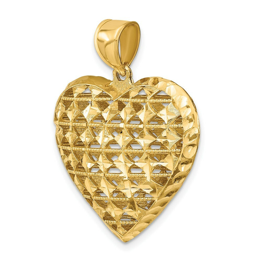 14K Yellow Gold Diamond-cut 3-D Puffed Heart With Marquise Pattern Charm Pendant