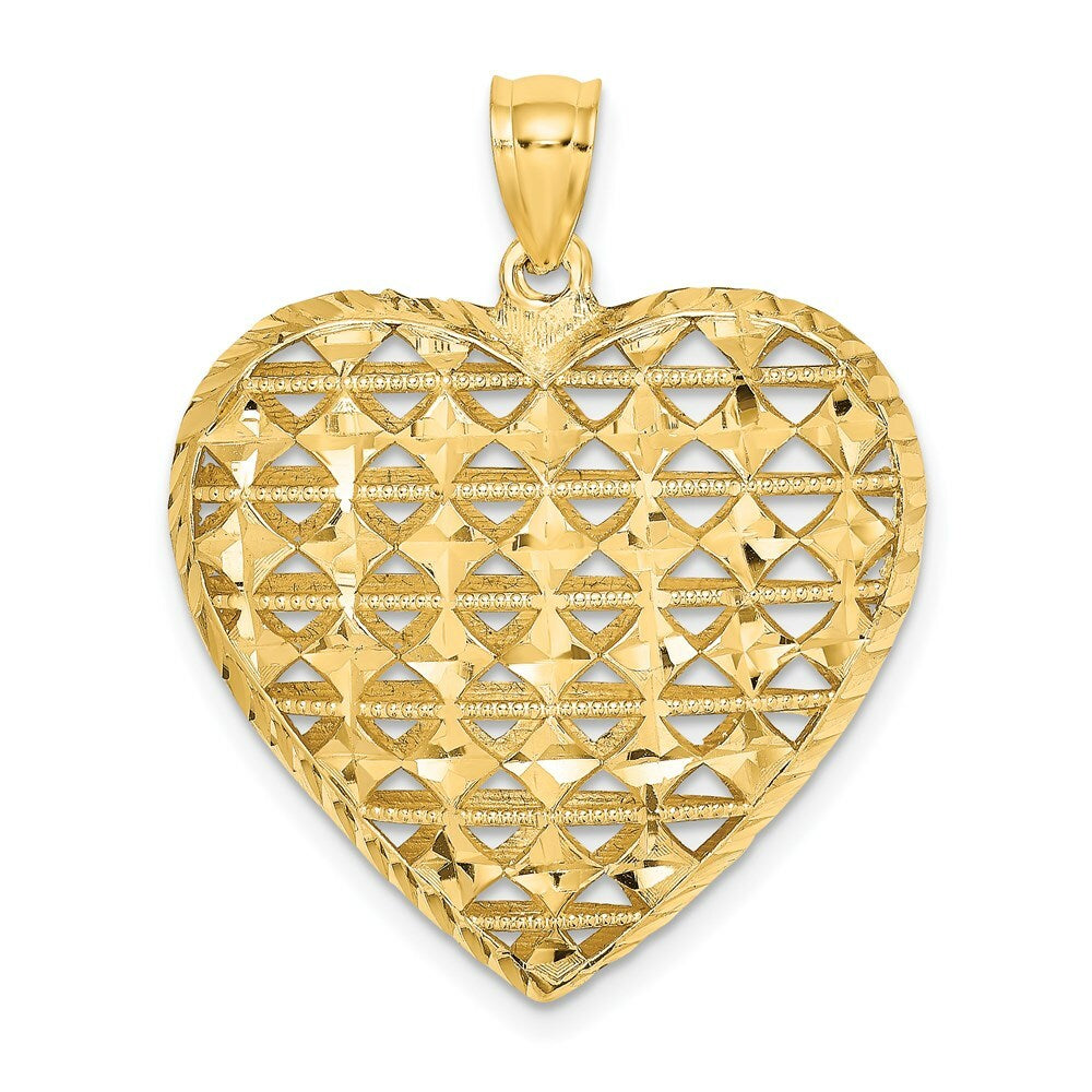 14K Yellow Gold Diamond-cut 3-D Puffed Heart With Marquise Pattern Charm Pendant