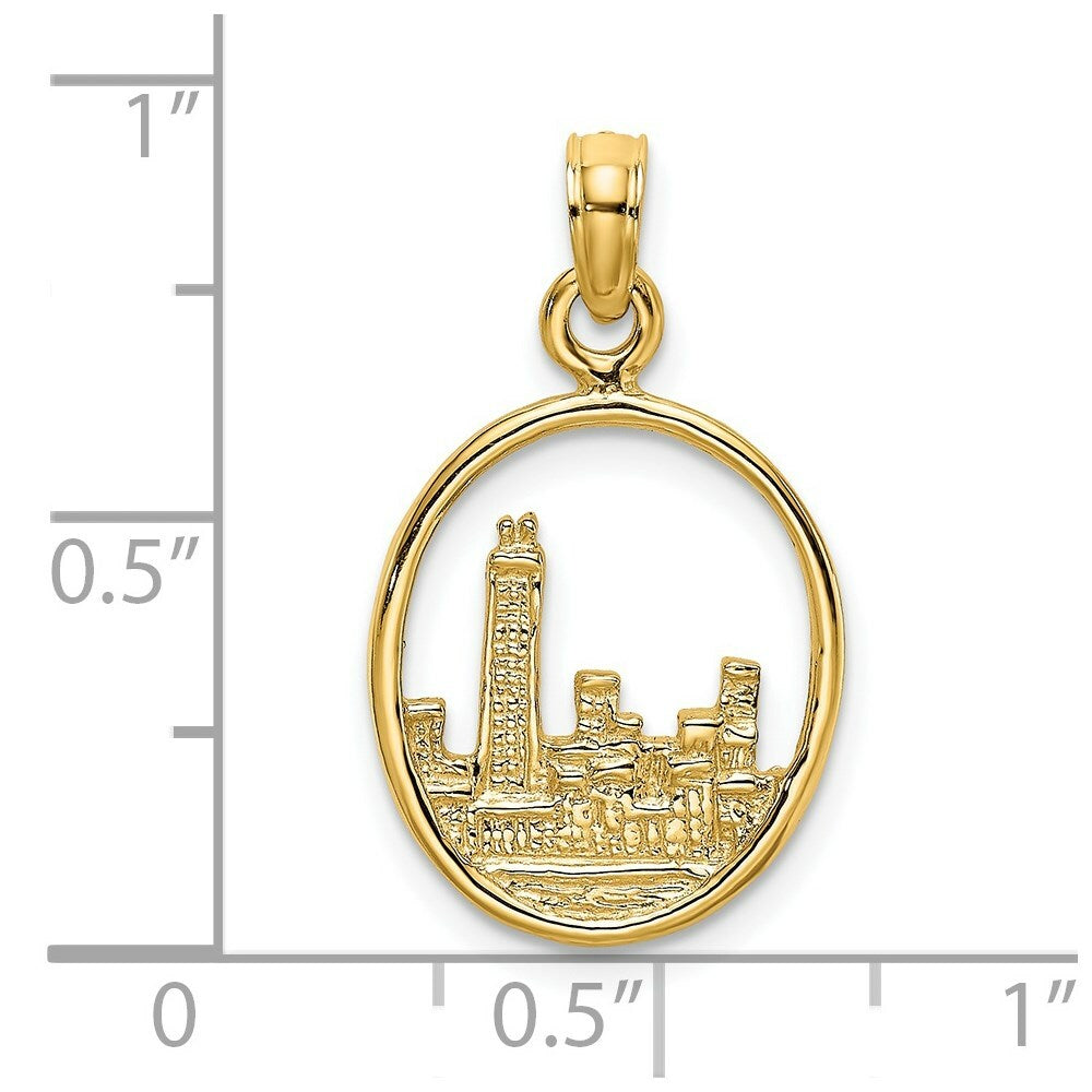 14K Yellow Gold 2-D Chicago Skyline In Circle Frame Charm Pendant