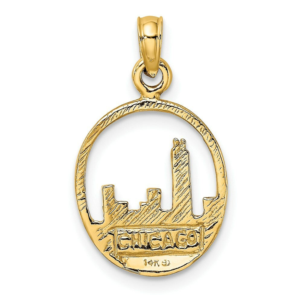 14K Yellow Gold 2-D Chicago Skyline In Circle Frame Charm Pendant