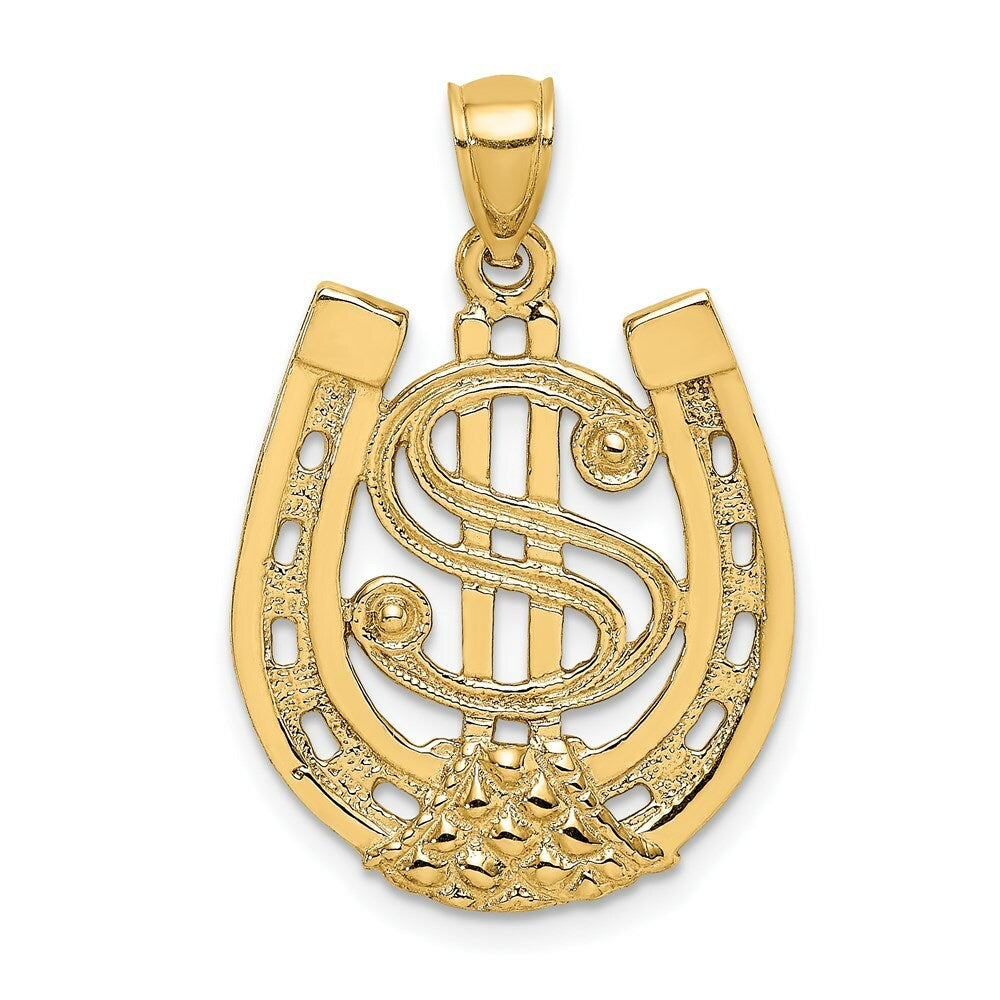 14K Yellow Gold Dollar Sign In Horseshoe Charm Pendant