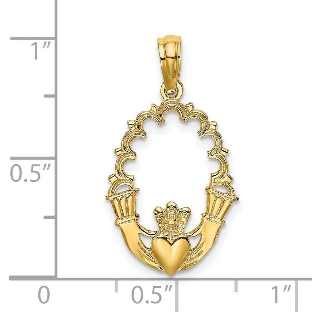 14K Yellow Gold Engraved Claddagh In Oval With Lace Trim Charm Pendant